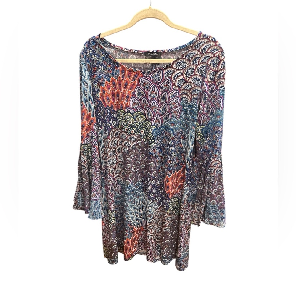 Roz & Ali Vibrant Peacock Like Design Dress with Bell Sleeves